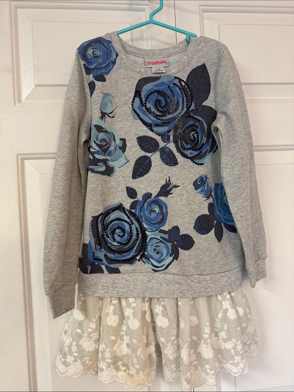 Flapdoodles Gray Sweatshirt Dress with Blue Rose Print